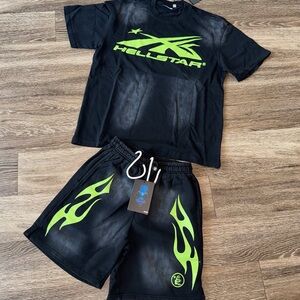 Hellstar Black Tee & Shorts Set with Neon Green Flame